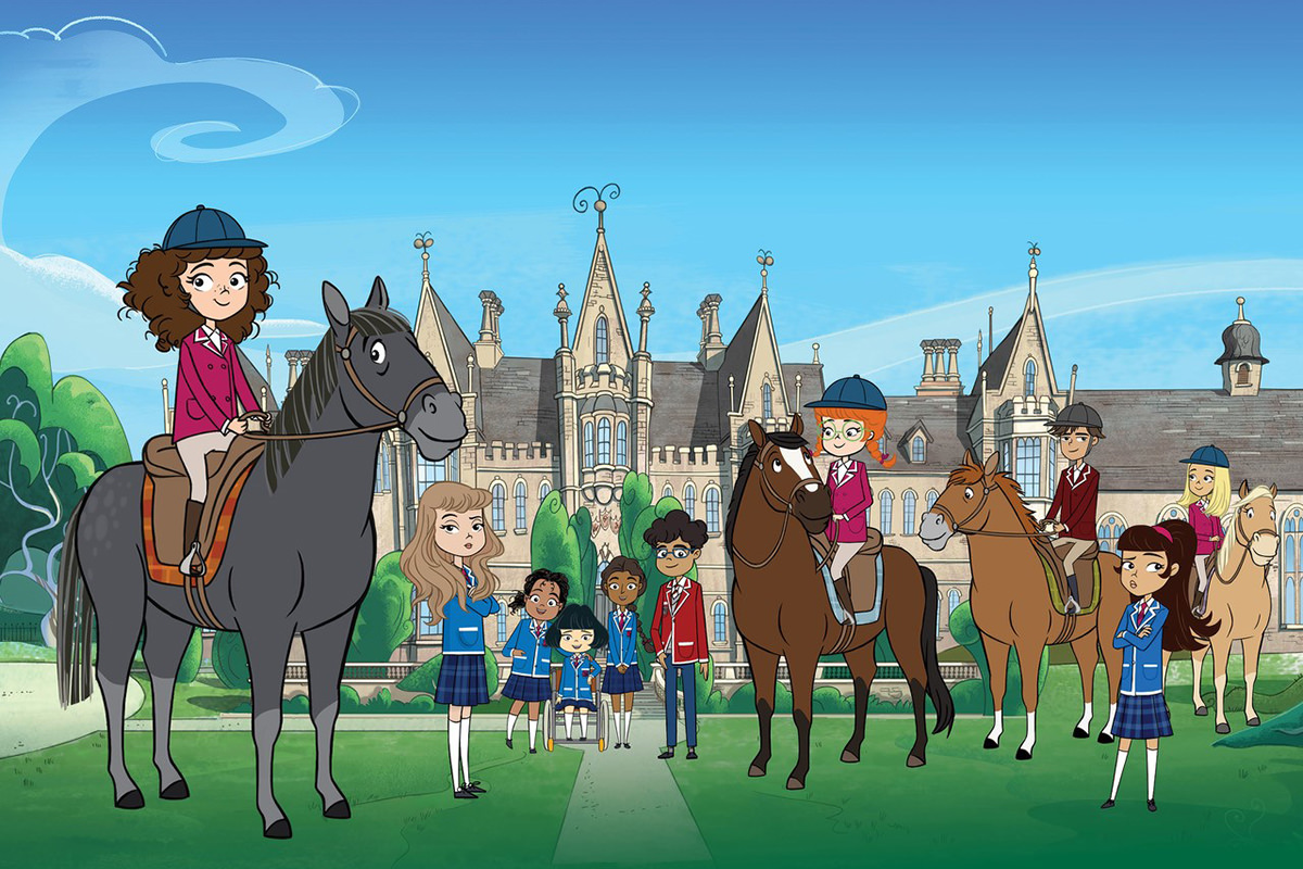 Animation, a group of school students huddle in front of an old school building, three are on horses