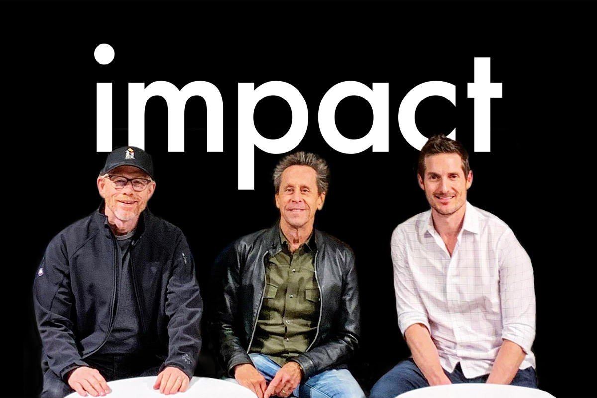 Impact founders Ron Howard, Brian Gazer, Tyler Mitchell sit infront of a poster that reads Impact.
