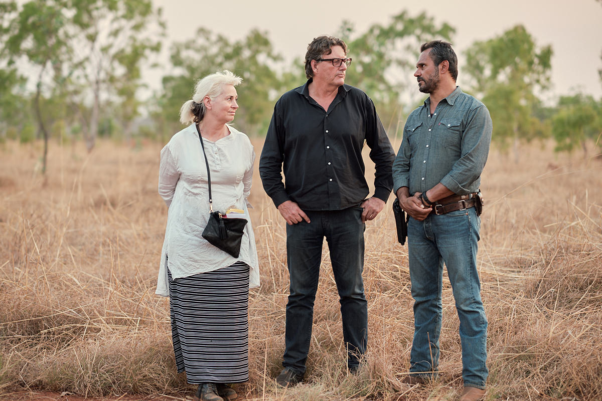 Greer Simpkin and David Jowsey with Aaron Pedersen on the set of Mystery Road

