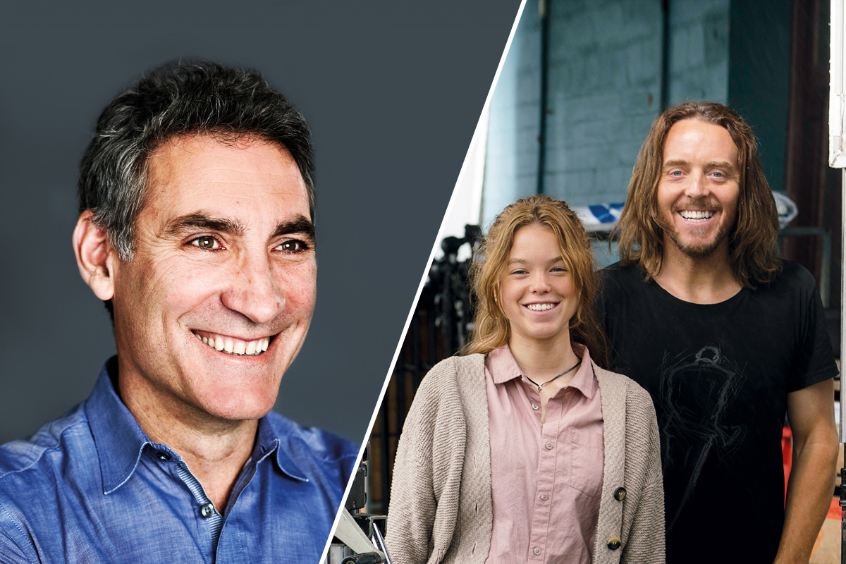 Two images side by side, headshot of Jason Stephens and an image of Milly Alcock and Tim Minchin on the set of Upright