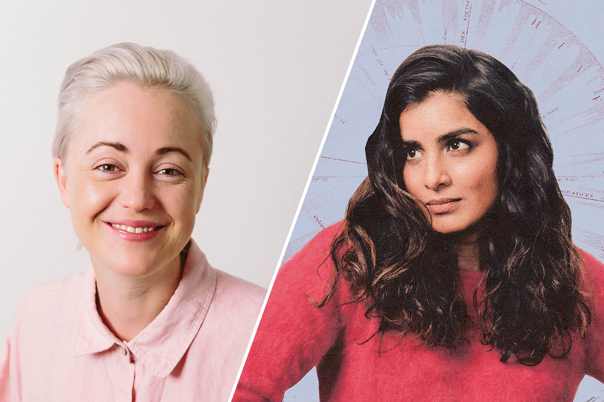 Splice of Meg O'Connell's headshot and headshot of Pallavi Sharda from Retrograde