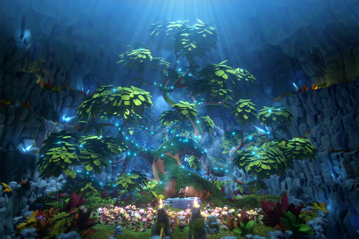 Animation, a large tree glows with lights. A group of animals gather in front of it