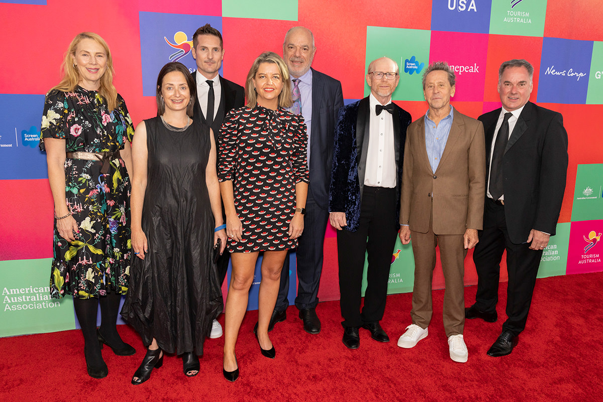 Kylie Munnich, Kate Marks, Tyler Mitchell, Carolyn Pitcher, Greg Basser, Ron Howard, Brian Grazer, Graeme Mason​ on the red carpet at the G’Day AAA Arts Gala