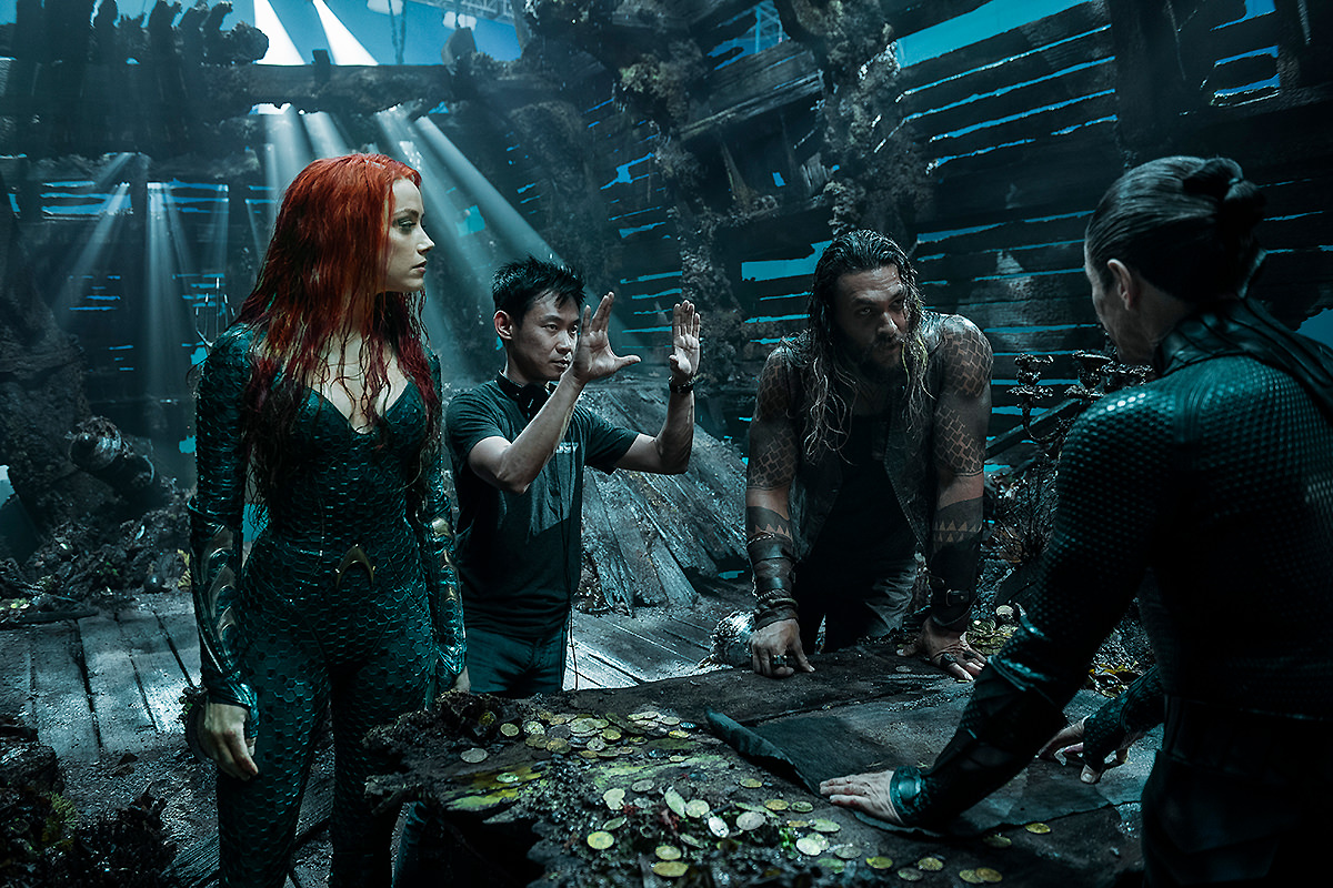 Amber Heard, director James Wan, Jason Momoa and Willem Dafoe on the set