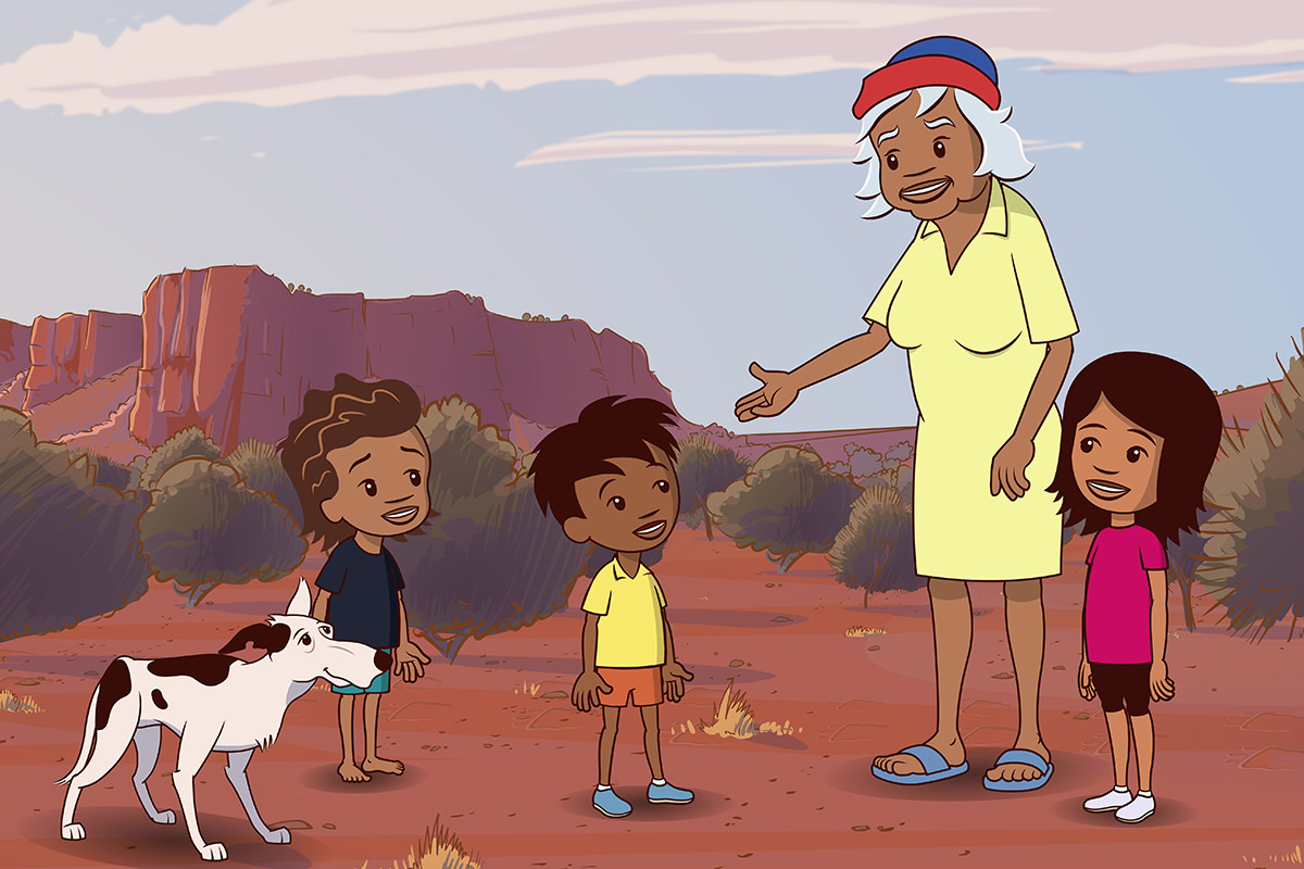 Animation, three children, Nana and a dog in the Australian outback