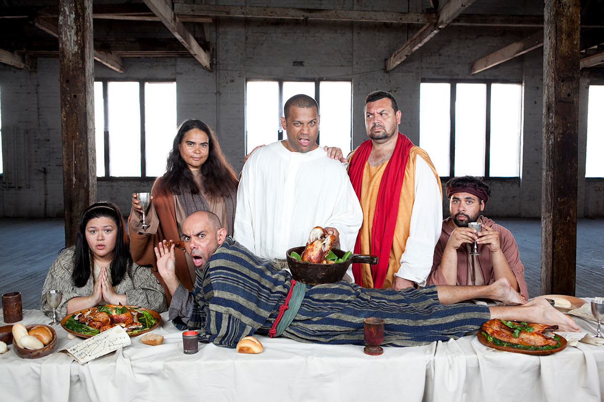 A scene from Black Comedy, a parody of the Last Supper