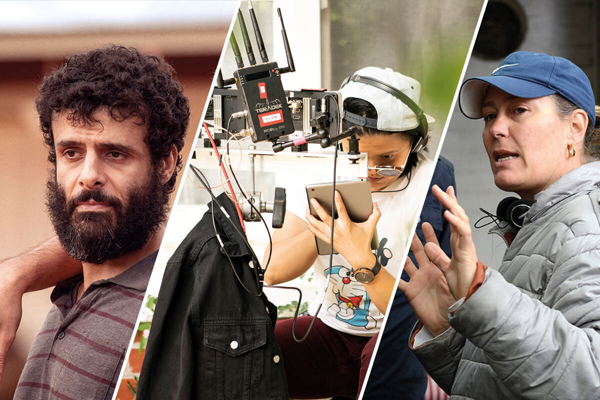 A splice of 3 images. The first is actor Fayssal Bazzi in Stateless, followed by director Corrie Chen on set and then director Catriona McKenzie on set