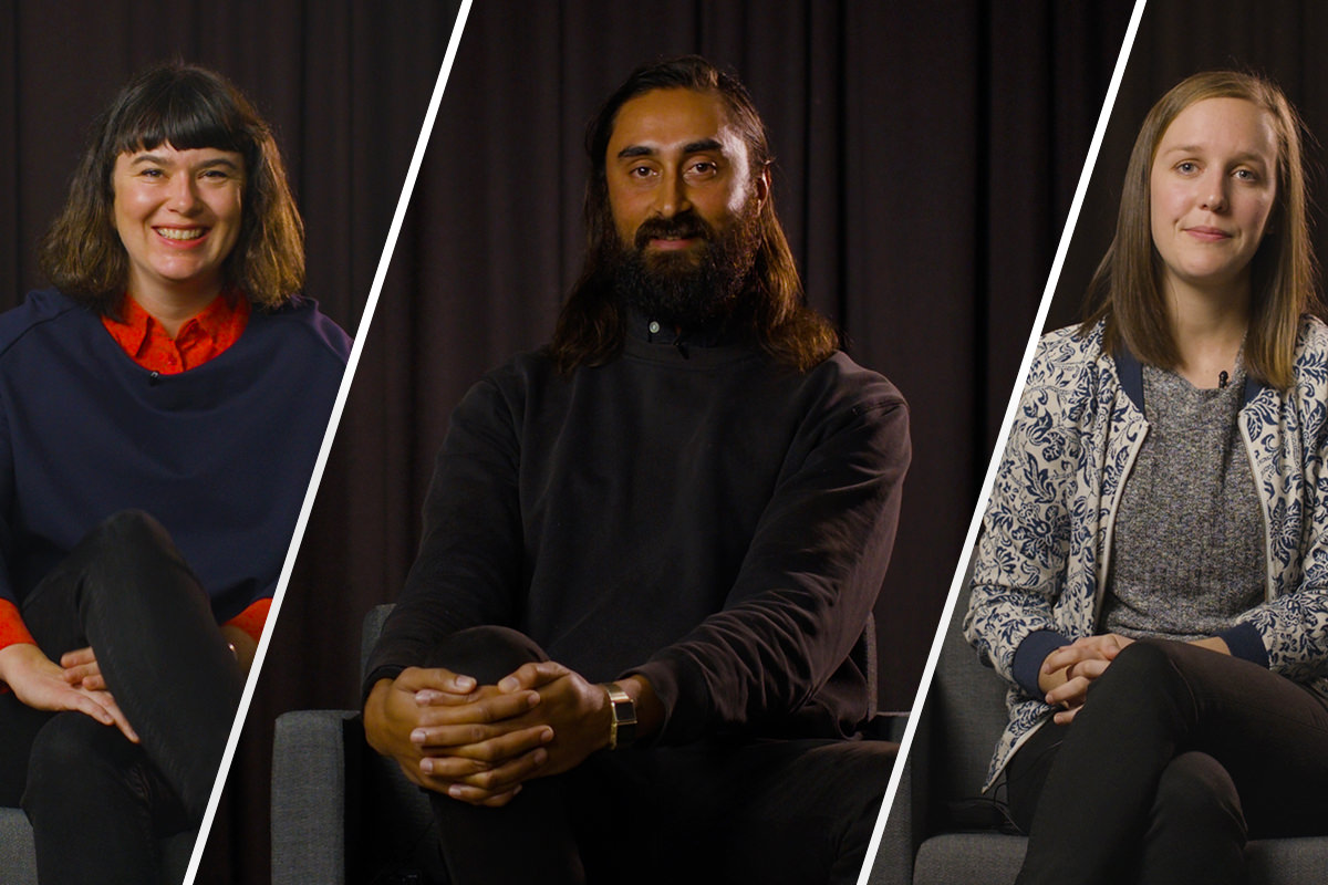 Headshots of Alex White, Neil Sharma and Kacie Anning from their video interviews